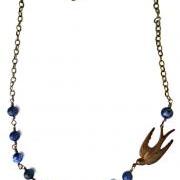 Wire wrapped Trinity Brass Patina Bird swallow pendant & Lapis Lazuli blue gemstone. Swallow Bird Necklace. Antique brass and gemstone.