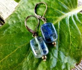 blue kyanite rectangle dangle earrings with antiqued bronze