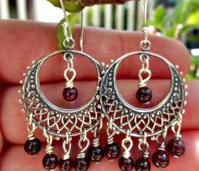 Garnet and sterling silver dangle chandelier earrings