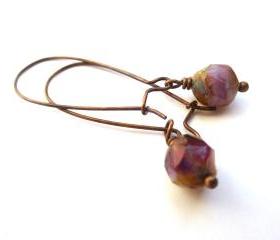 Roses are red. Pink, Rose Czech Picasso glass, copper dangle earrings