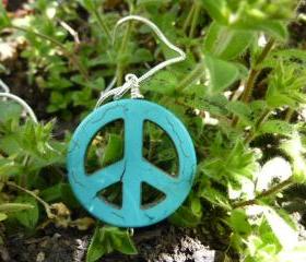 Peace sign necklace. Turquoise stone pendant, sterling silver chain, hippie, boho, bohemian jewelry 