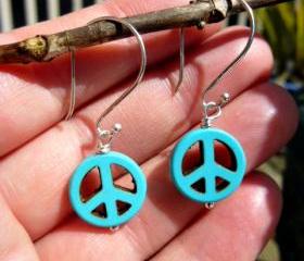 small Blue Turquoise peace sign earrings, charm, Bali sterling silver, dangle hippie earrings, boho