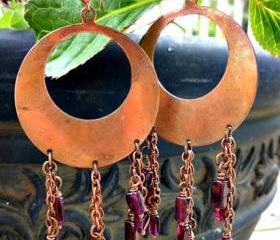 Garnet tear drops. Copper Hoop earrings.