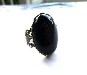 Black Oynx Natural Stone filigree Bronze Adjustable Ring