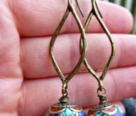 Tibetan earrings. Brass, turquoise, coral and lapis inlay bead. Blue earrings, stone earrings, jewelry, blue, bronze 