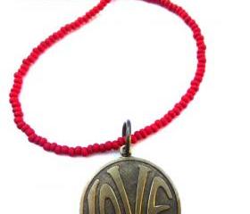 LOVE necklace. Brass metal love circle pendant with red matte glass seed beads. Beaded necklace. Boho. Hippie. simple.