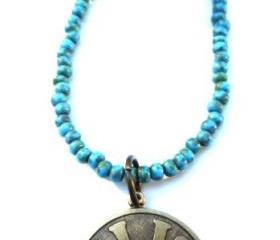 LOVE Necklace. Brass Metal Love Pendant, turquoise and brown Picasso Czech glass seed beads. Beaded necklace. Boho. Hippie. simple.