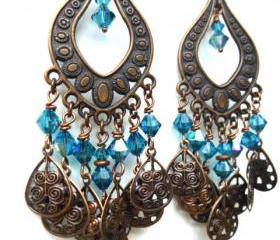 Dark blue crystal, Copper chandelier earrings bohemian jewelry, dangle jewelry, Swarovski crystal 