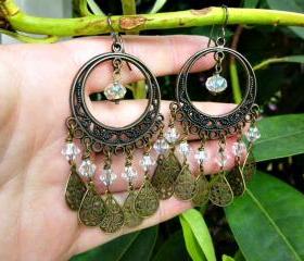 Bronze filigree hoops, clear crystal, charms chandelier boho earrings, dangle earrings, jewelry, clear crystal, Swarovski crystals