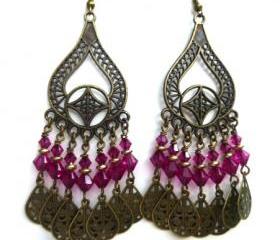 Baliwood Pink and bronze chandelier bohemian earrings, crystal jewelry, bohemian jewelry, boho earrings, dangle, hoops, bronze, glass 