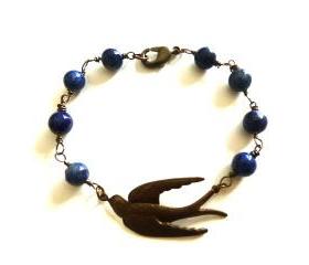Bird bracelet, blue gemstone, wire wrapping, bird pendant jewelry, swallow bird pendant 