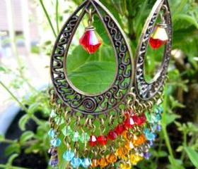 rainbow hippie bohemian boho dangle chandelier earrings Swarovski crystal and bronze