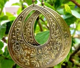Antique brass texture teardrop hoop earrings. Bohemian jewelry, boho