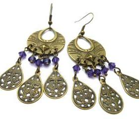 Purple Swarovski crystal, bronze pendant, drops hoop earrings jewelry