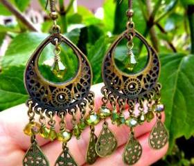 Olive green Swarovski crystal, bronze pendant, drops hoop earrings jewelry