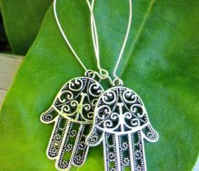 Pewter and silver. Antique silver earrings. Hamsa Hand. Boho jewelry. Fatima Hamsa jewelry. Fatima Hamsa earrings.