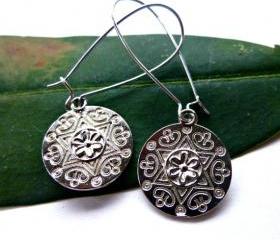 Silver medallion Flower charms with kidney ear wire. Silver earrings. Silver jewelry. dangle earrings. Boho. Bohemian.