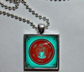 Teal and red Coffee lover. Necklace. Glass dome, metal pendant, chain. Coffee jewelry. Coffee pendant, art photo pendant, necklace, wine necklace. pendant necklace photo art, Coffee