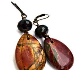 Teardrop Jasper & Quartz gemstone dangle earrings. Boho jewelry. bohemian, stone earrings. red, green, brown, jewelry. woodland