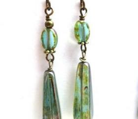 Green Czech Picasso glass and bronze earrings. Dangle. Glass Jewelry. Victorian. lightweight earrings.