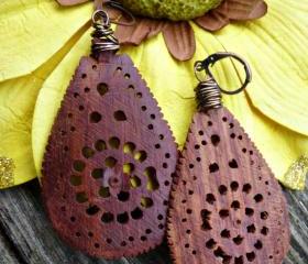 Wood carved teardrop earrings. Wire. Leverback ear wire. Bohemian, boho earrings, jewelry, wood jewelry, wood dangle earrings.