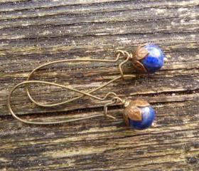 Bronze flower, round blue sodalight stone, dangle earrings, bronze, blue, jewelry, boho, bohemian, earrings, flower, blue stone