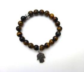 Tigers Eye stone, WRIST MALA. Silver,Hamsa hand bracelet. Yoga jewelry, Buddhist, gemstone, stretch cord, jewelry 