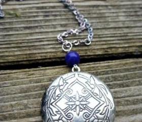 Celtic round antique silver locket, dark blue stone and chain Necklace