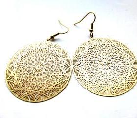 Gold star hoop earrings. Jewelry. Gold round filigree Hoops, bohemian. Matte gold. Gold jewelry.