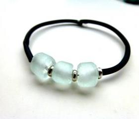 Recycled glass, Bali silver, black rubber memory wire bracelet jewelry
