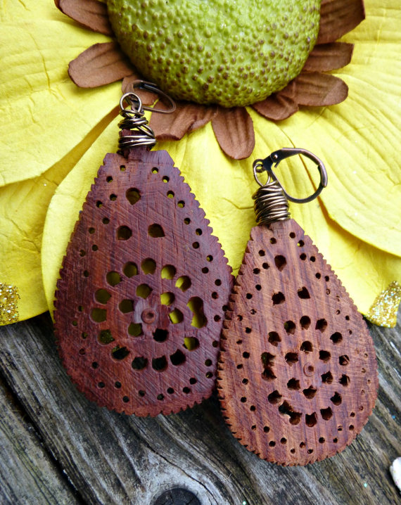 Wood Carved Teardrop Earrings. Wire. Leverback Ear Wire. Bohemian, Boho