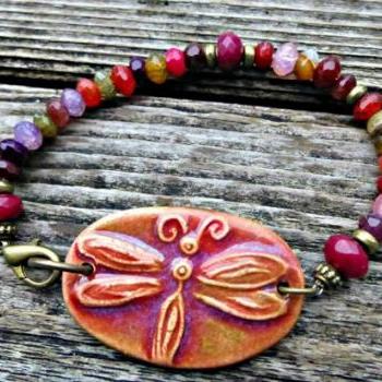 Dragonfly gemstone bracelet. Ceramic cuff, stone jewelry. Pink, purple, dragonfly, pendant, ceramic, gemstone, stone, quartz