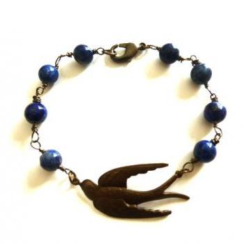 Bird bracelet, blue gemstone, wire wrapping, bird pendant jewelry, swallow bird pendant 